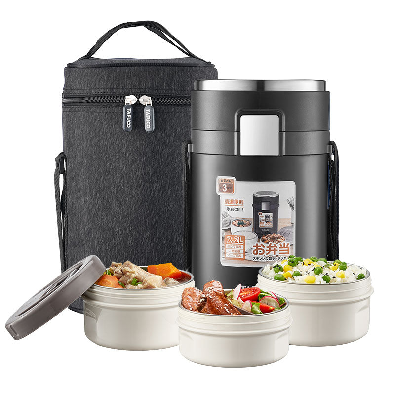תרמוס מזון TAFUCO בנפח 2.2 ליטר עם 3 קופסאות חלוקה תרמיות עם מזון בפנים