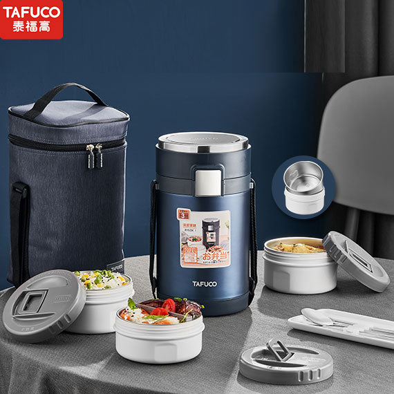 תרמוס מזון TAFUCO בנפח 2.2 ליטר עם 3 קופסאות חלוקה תרמיות עם מזון מוכן לאכילה על שולחן