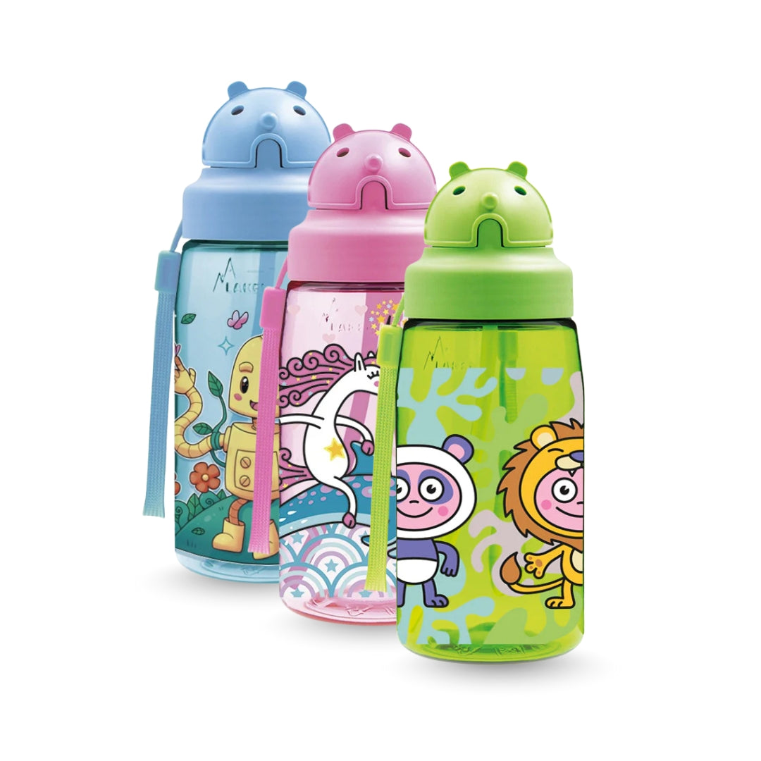 מארז 3 בקבוקי שתייה לילדים OBY – טריטן איכותי, 450 מ"ל, עם קשית ושרוך נשיאה