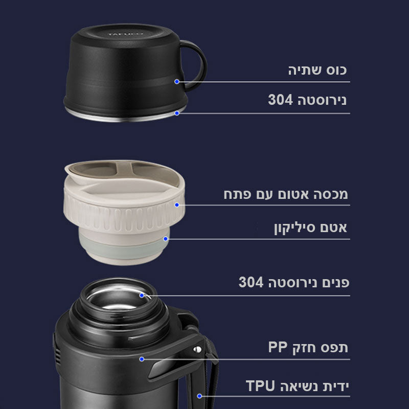 הסבר על חלקי תרמוס שתיה נירוסטה TAFUCO 1.5 ליטר