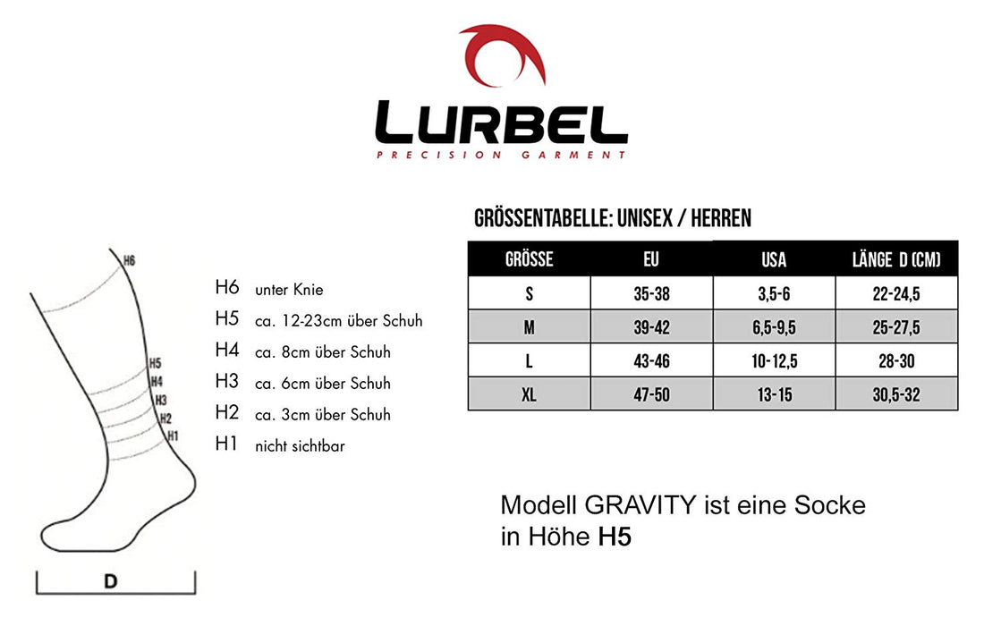 מידות של  גרבי קומפרשיין לריצות שטח ארוכות, גובה קלאסי H5 לורבל Gravity | יוניסקס