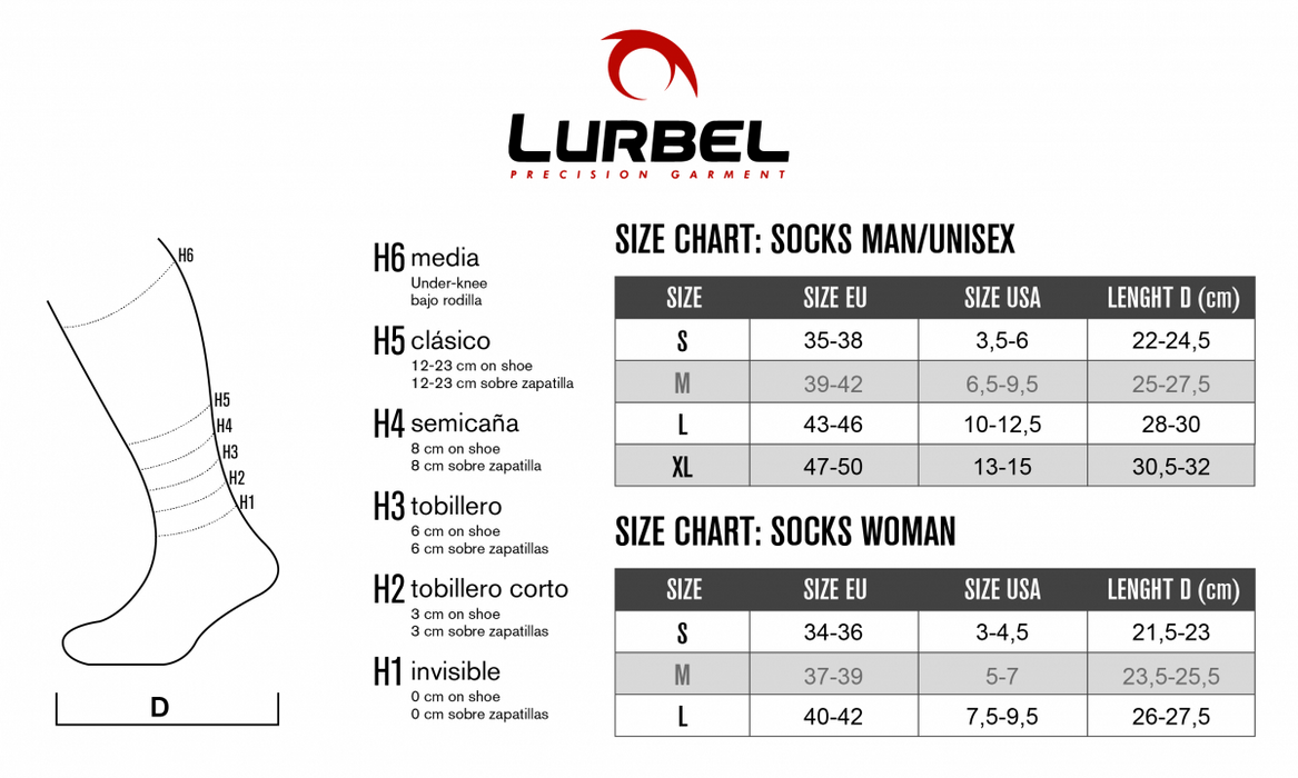 הסבר על מידות גרביים לריצות שטח ארוכות לורבל Desafio | נשים