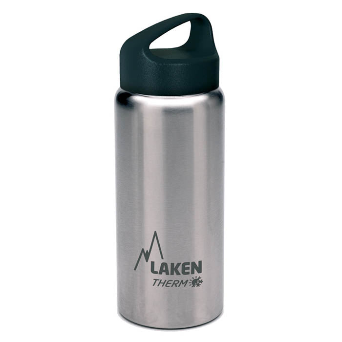 בקבוק שתיה לאקן תרמו קלאסיק פתח רחב 350-1,000 מ"ל בצבע כסף עם פייה שחורה
