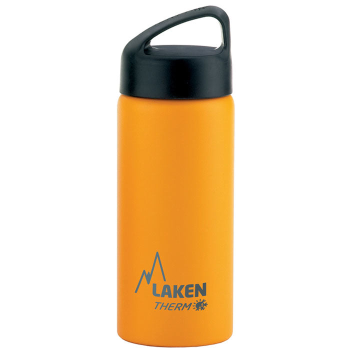בקבוק שתיה לאקן תרמו קלאסיק פתח רחב 350-1,000 מ"ל בצבע צהוב כתמתם עם פייה שחורה