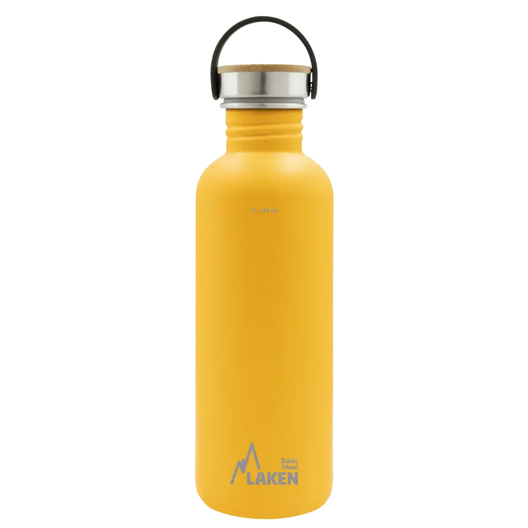 בקבוק שתיה לאקן בייסיק סטיל עם פקק נירוסטה ובמבוק 1 ליטר