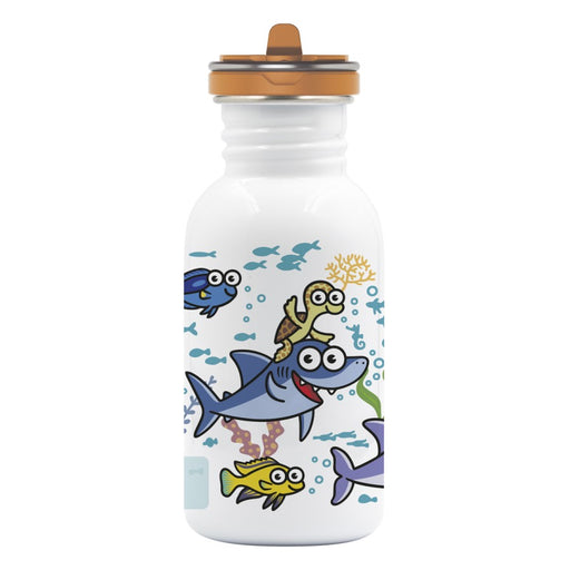 בקבוק שתיה לילדים לאקן בייסיק סטיל מאוייר 500 מ"ל עם פקק קשית FLOW -  עם איור של חיות מנופפות לשלום מתחת למים