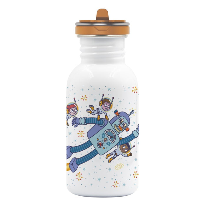 בקבוק שתיה לילדים לאקן בייסיק סטיל מאוייר 500 מ"ל עם פקק קשית FLOW -  עם איור של ילדים טסים עם רובוט בחלל